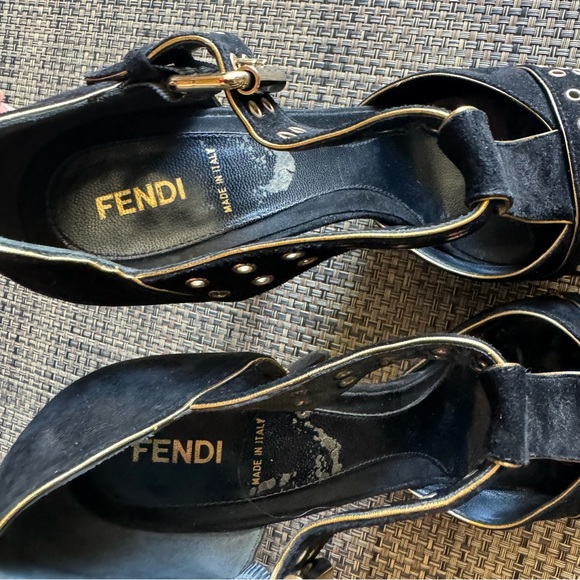 FENDI Black Suede Gold Trim Grommet Peep Toe Platform Heeled Sandals - Picture 5 of 9